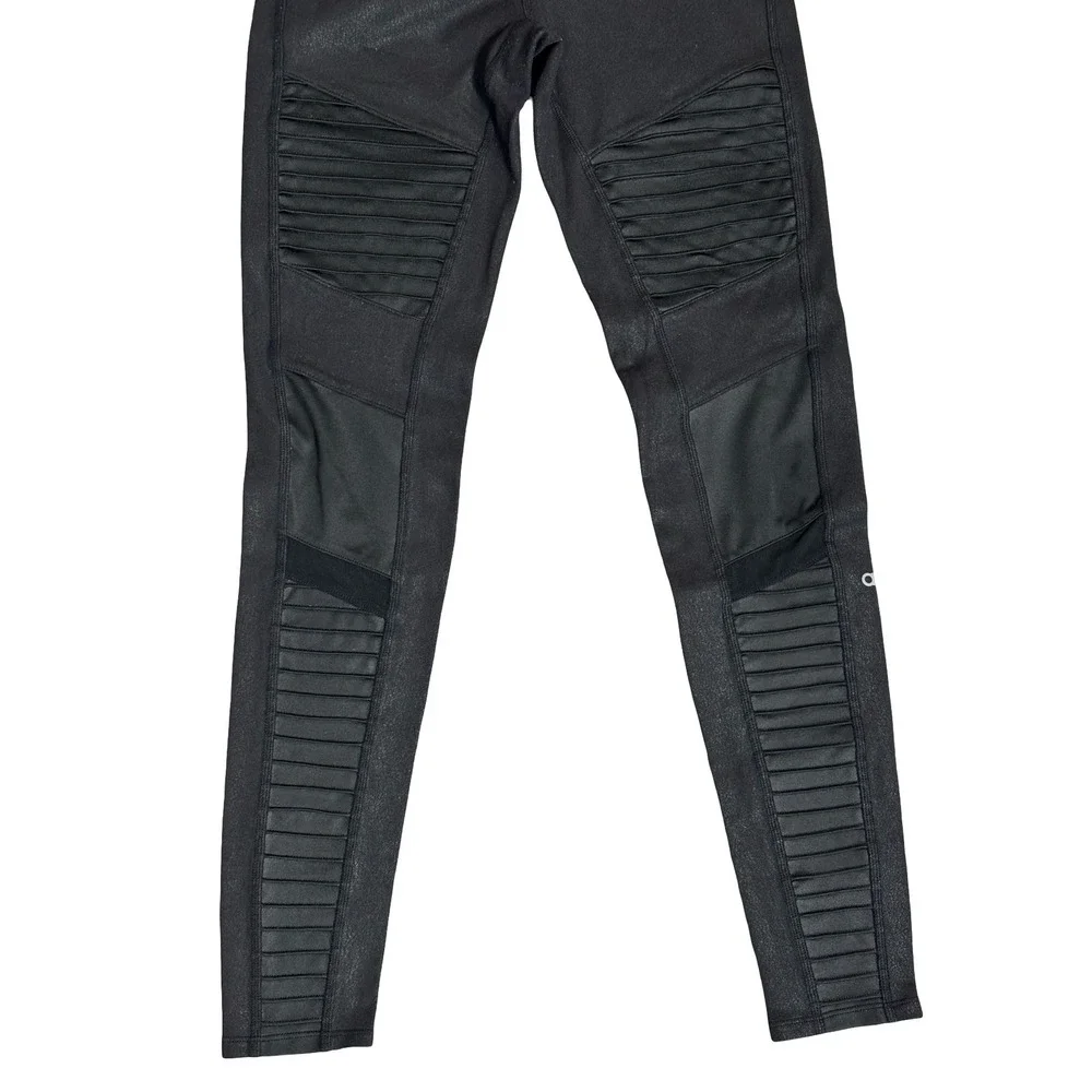 Alo Yoga High-Waist Moto Leggings S Black Glossy Quilted Mesh Activewear